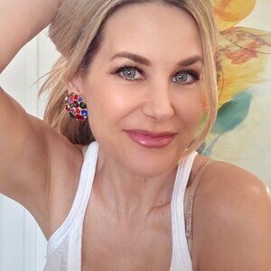 VTG Multi-Jewel Tone Colors Clip-On Earrings Bright Gold Metal Paddle Style